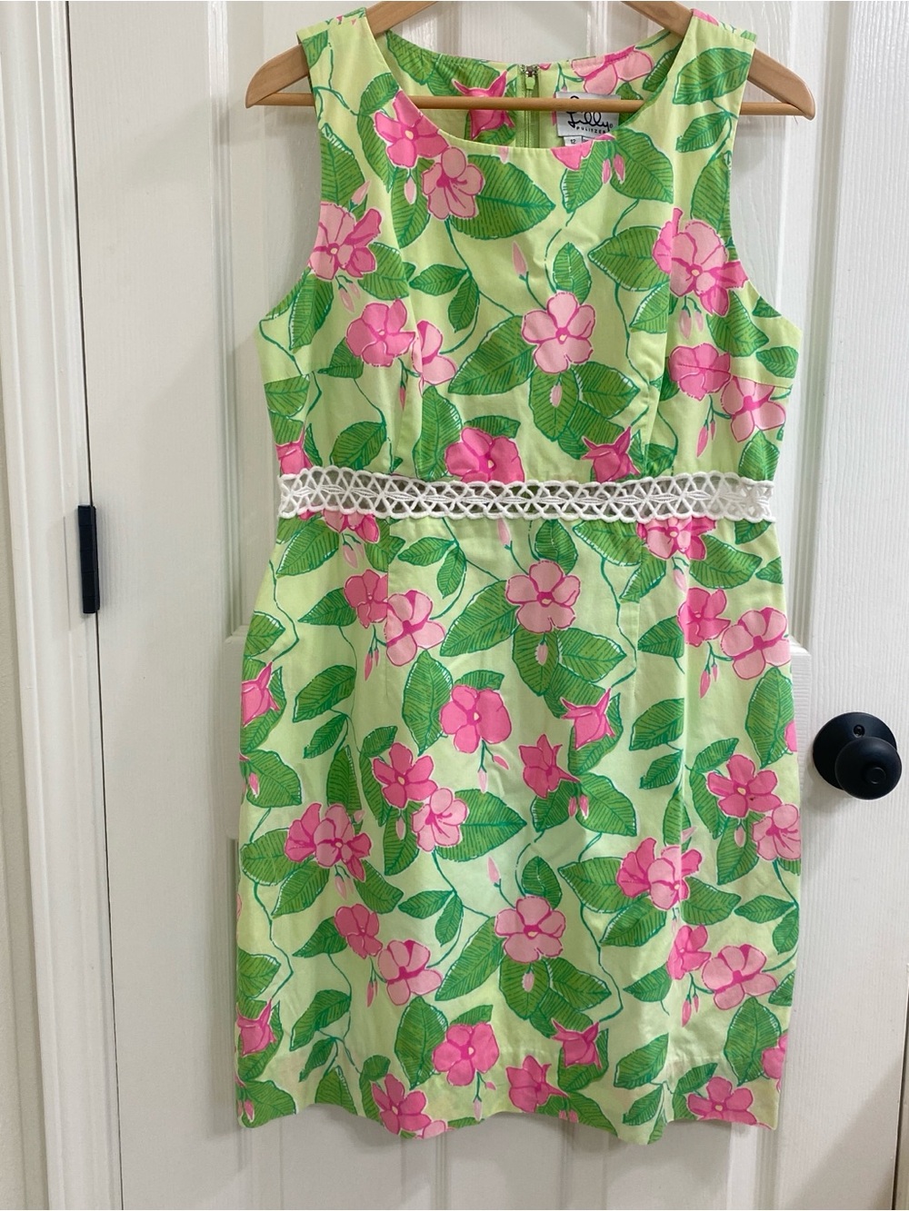 Lilly Pulitzer Sz 12 Green Pink Floral Shift Dress Lace Waist Y2K Preppy